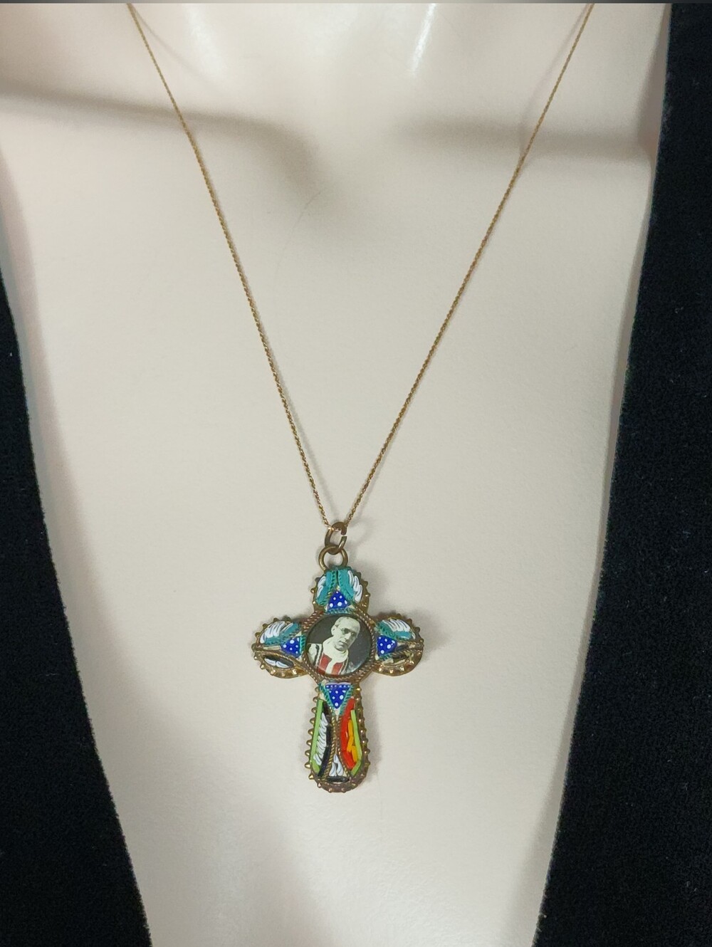 Vtg micro mosaic cross pendant Pope Pius XII